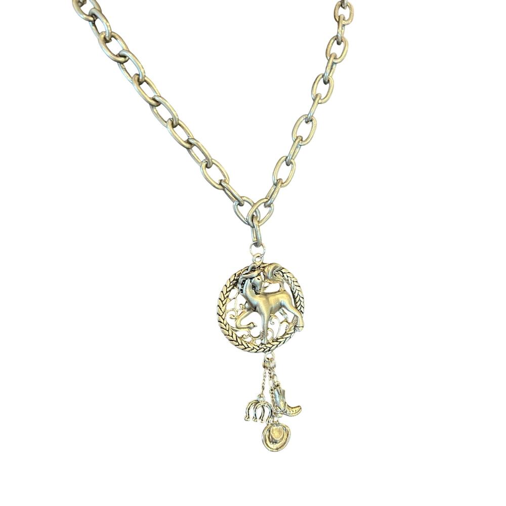 Vintage Western Horse Medallion Necklace - Chunky Silver Chain with Horse Charms